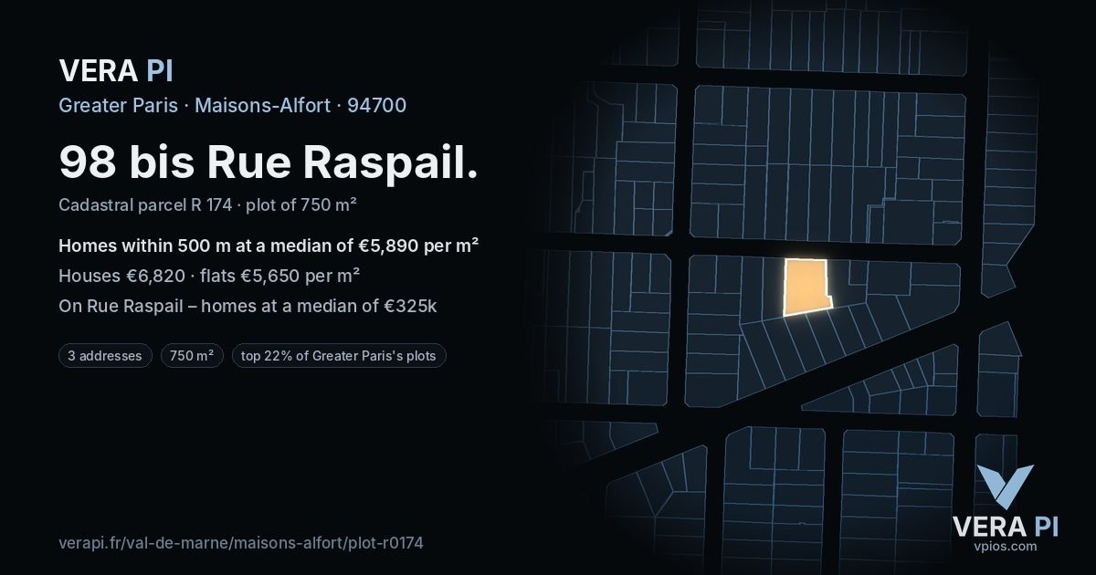 98 bis Rue Raspail, Maisons-Alfort at night – the plot lit, the parcels around coloured by the prices near them