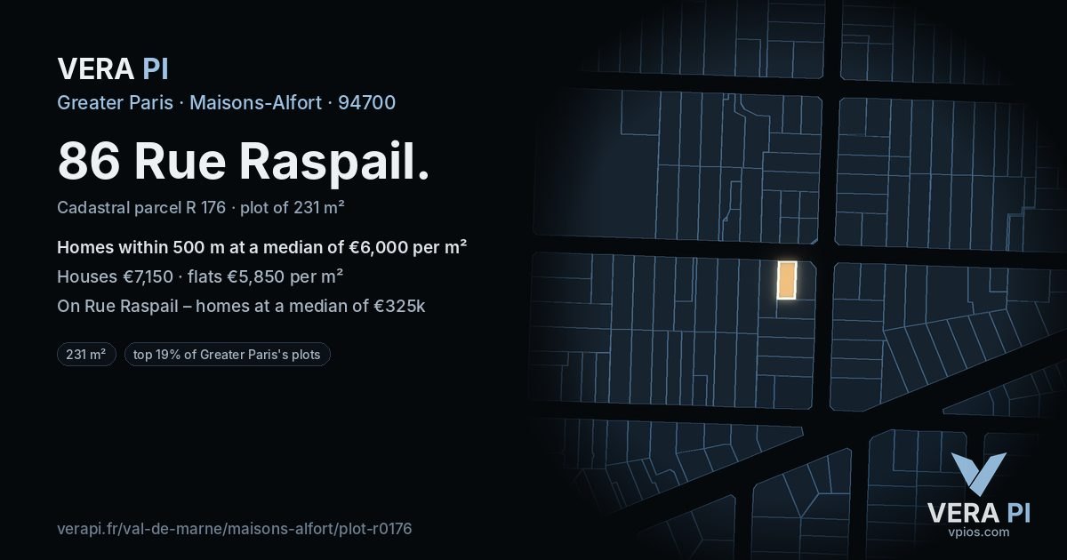 86 Rue Raspail, Maisons-Alfort at night – the plot lit, the parcels around coloured by the prices near them
