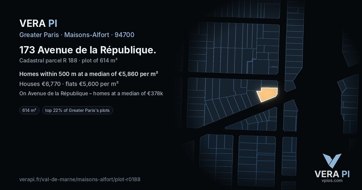 173 Avenue de la République, Maisons-Alfort at night – the plot lit, the parcels around coloured by the prices near them