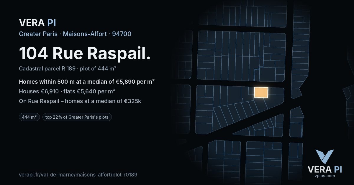 104 Rue Raspail, Maisons-Alfort at night – the plot lit, the parcels around coloured by the prices near them