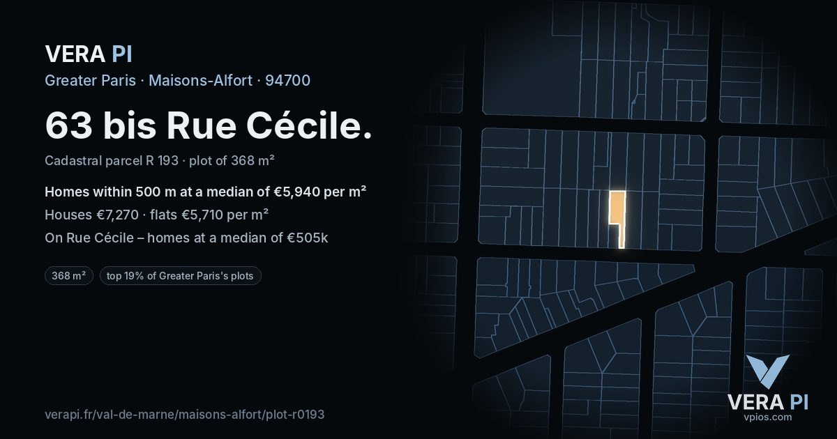 63 bis Rue Cécile, Maisons-Alfort at night – the plot lit, the parcels around coloured by the prices near them