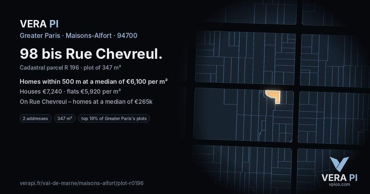 98 bis Rue Chevreul, Maisons-Alfort at night – the plot lit, the parcels around coloured by the prices near them