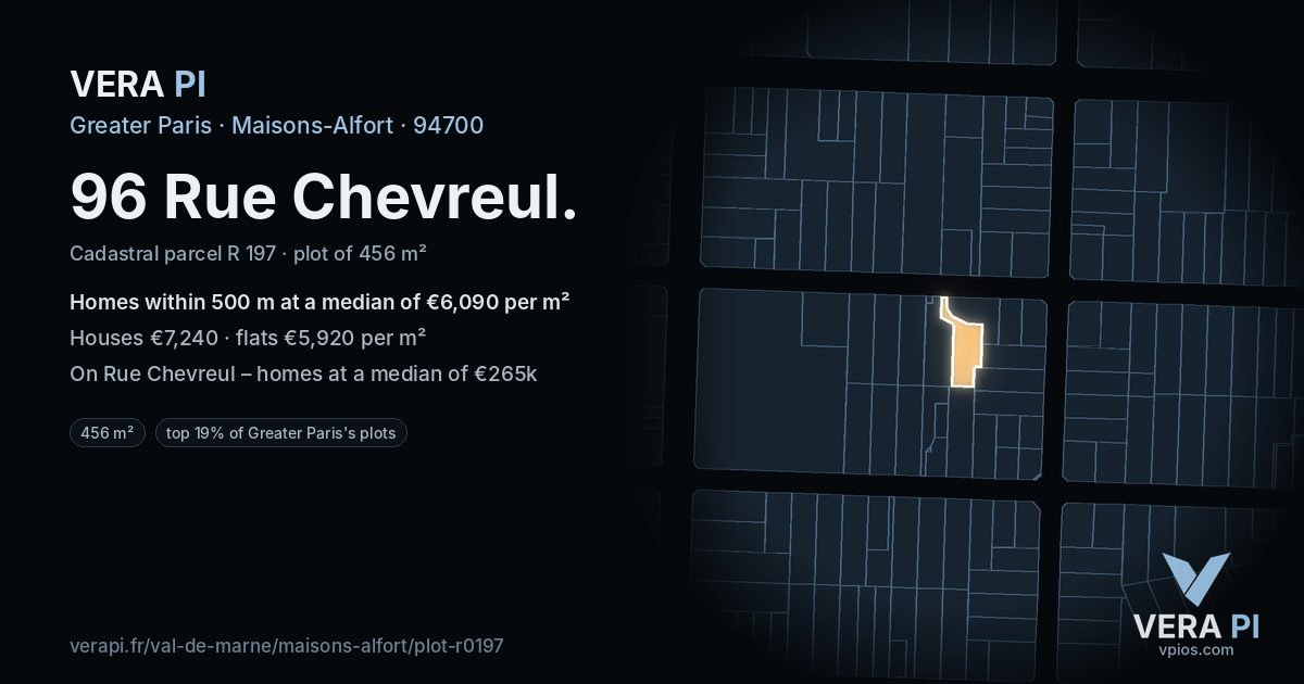 96 Rue Chevreul, Maisons-Alfort at night – the plot lit, the parcels around coloured by the prices near them