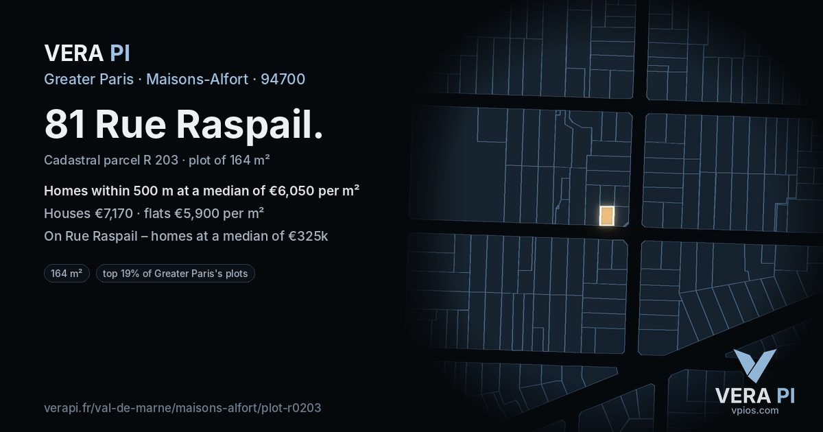 81 Rue Raspail, Maisons-Alfort at night – the plot lit, the parcels around coloured by the prices near them