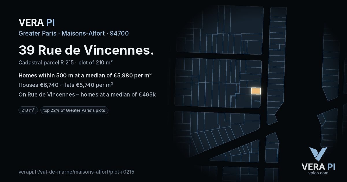 39 Rue de Vincennes, Maisons-Alfort at night – the plot lit, the parcels around coloured by the prices near them