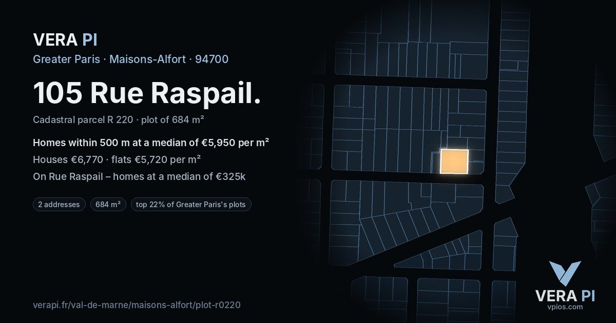 105 Rue Raspail, Maisons-Alfort at night – the plot lit, the parcels around coloured by the prices near them