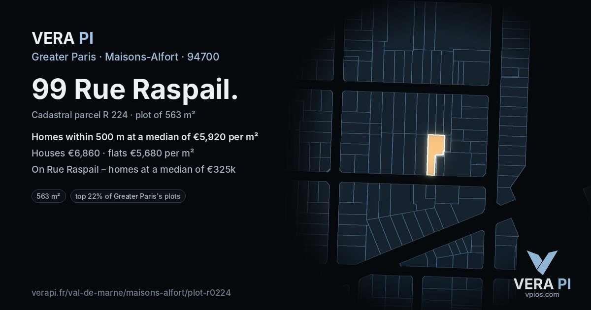 99 Rue Raspail, Maisons-Alfort at night – the plot lit, the parcels around coloured by the prices near them