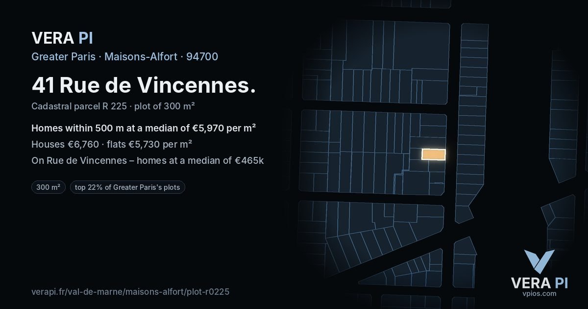 41 Rue de Vincennes, Maisons-Alfort at night – the plot lit, the parcels around coloured by the prices near them