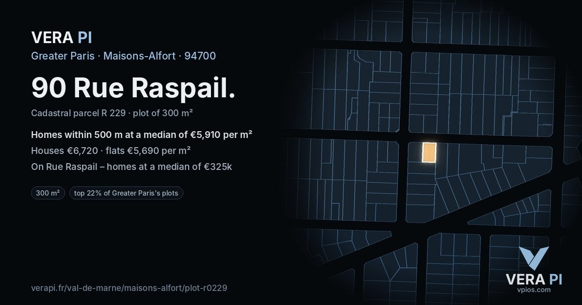90 Rue Raspail, Maisons-Alfort at night – the plot lit, the parcels around coloured by the prices near them