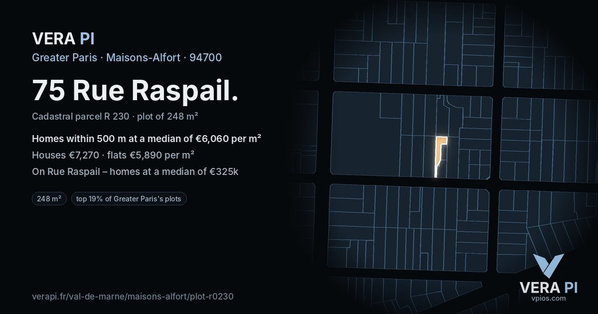 75 Rue Raspail, Maisons-Alfort at night – the plot lit, the parcels around coloured by the prices near them