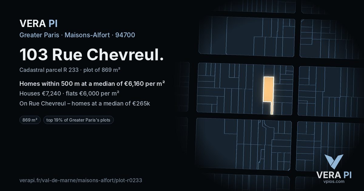 103 Rue Chevreul, Maisons-Alfort at night – the plot lit, the parcels around coloured by the prices near them