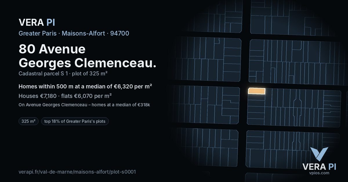 80 Avenue Georges Clemenceau, Maisons-Alfort at night – the plot lit, the parcels around coloured by the prices near them