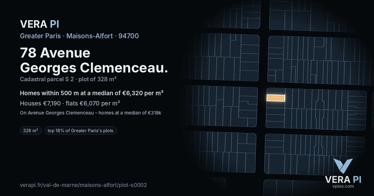 78 Avenue Georges Clemenceau, Maisons-Alfort at night – the plot lit, the parcels around coloured by the prices near them