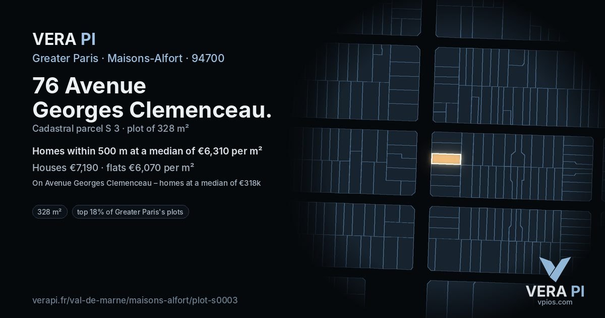 76 Avenue Georges Clemenceau, Maisons-Alfort at night – the plot lit, the parcels around coloured by the prices near them