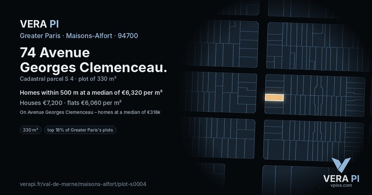 74 Avenue Georges Clemenceau, Maisons-Alfort at night – the plot lit, the parcels around coloured by the prices near them