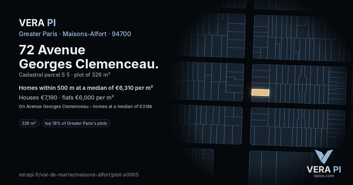 72 Avenue Georges Clemenceau, Maisons-Alfort at night – the plot lit, the parcels around coloured by the prices near them