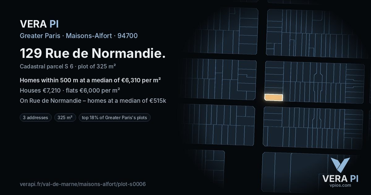 129 Rue de Normandie, Maisons-Alfort at night – the plot lit, the parcels around coloured by the prices near them