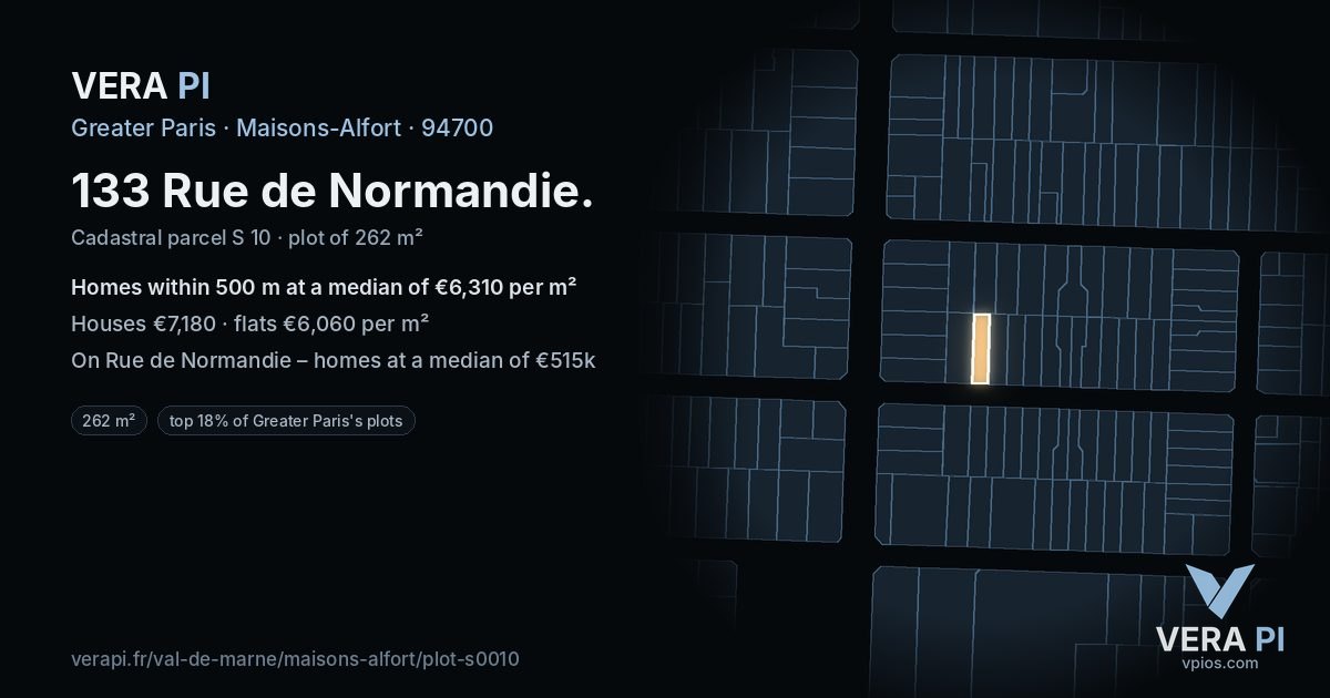 133 Rue de Normandie, Maisons-Alfort at night – the plot lit, the parcels around coloured by the prices near them