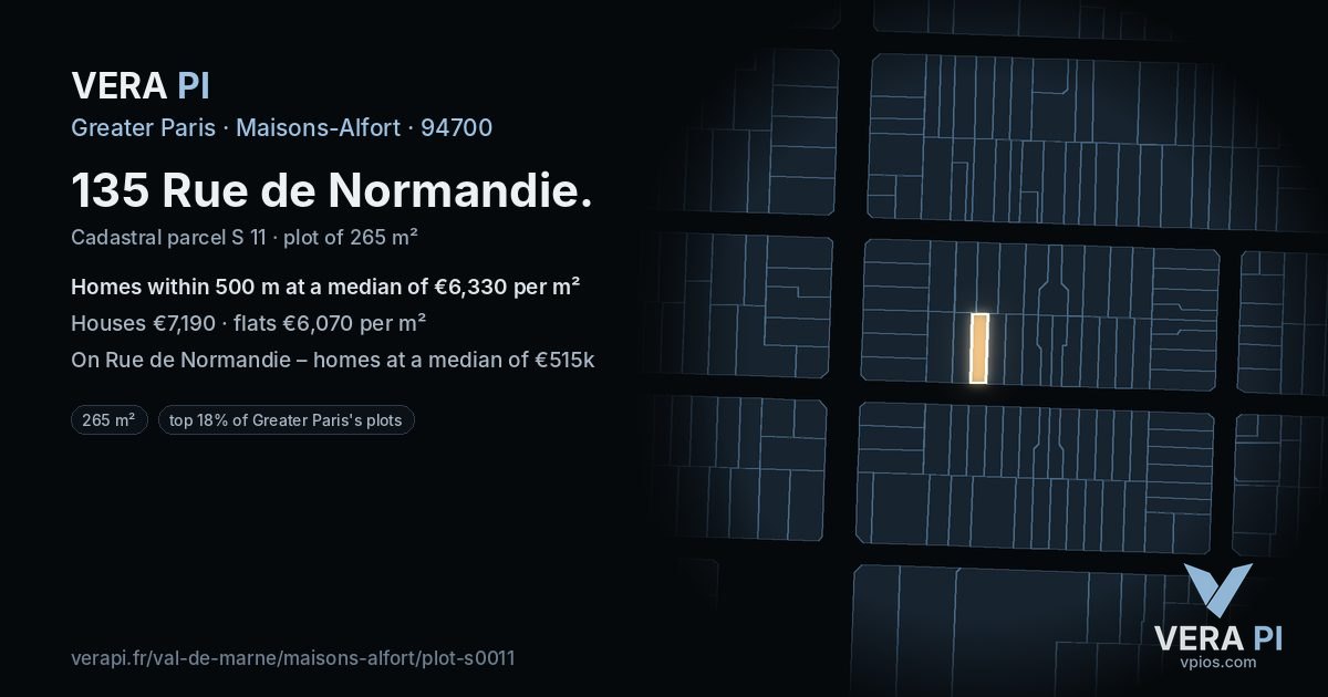 135 Rue de Normandie, Maisons-Alfort at night – the plot lit, the parcels around coloured by the prices near them
