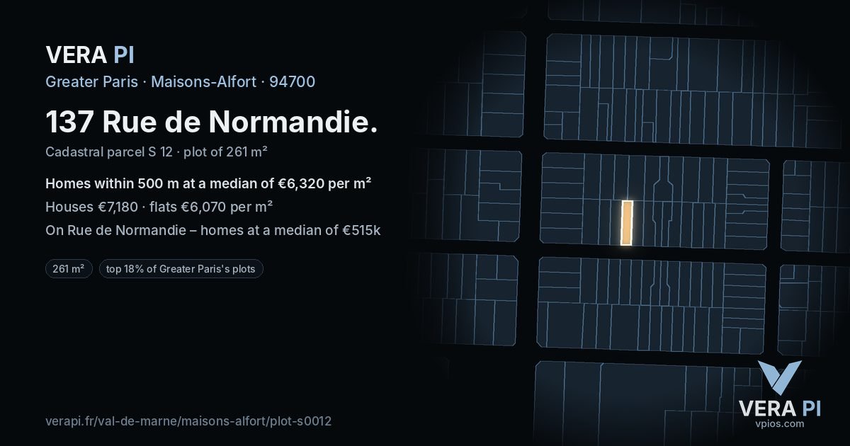 137 Rue de Normandie, Maisons-Alfort at night – the plot lit, the parcels around coloured by the prices near them