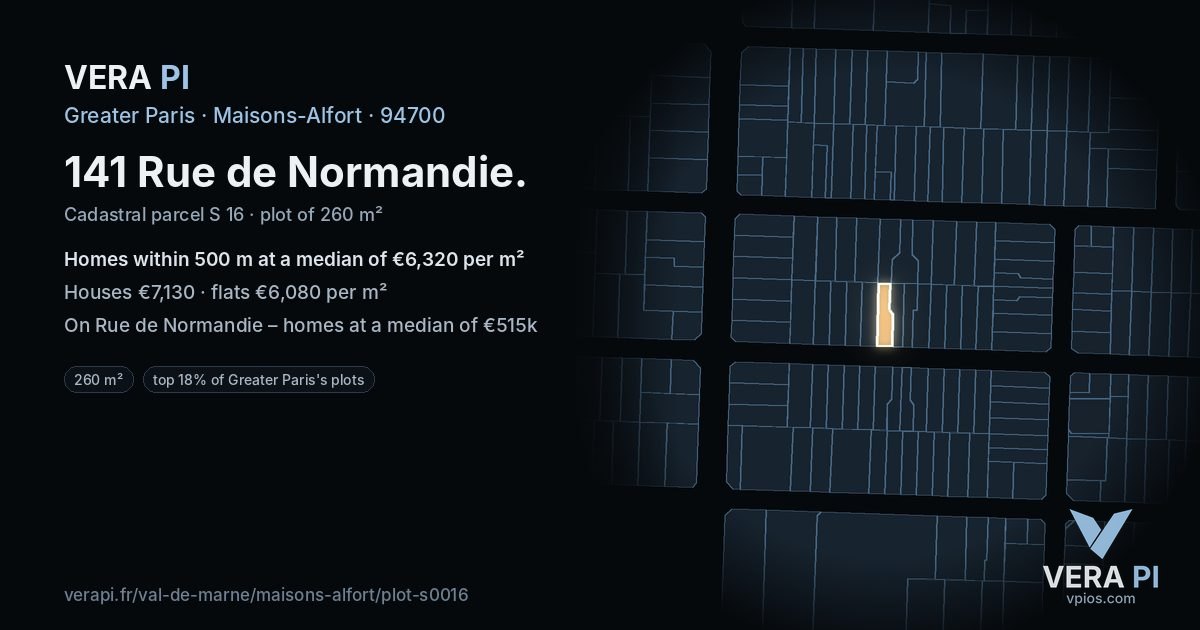 141 Rue de Normandie, Maisons-Alfort at night – the plot lit, the parcels around coloured by the prices near them