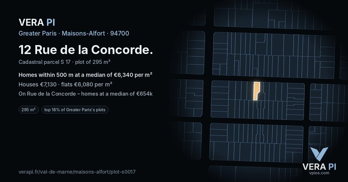 12 Rue de la Concorde, Maisons-Alfort at night – the plot lit, the parcels around coloured by the prices near them