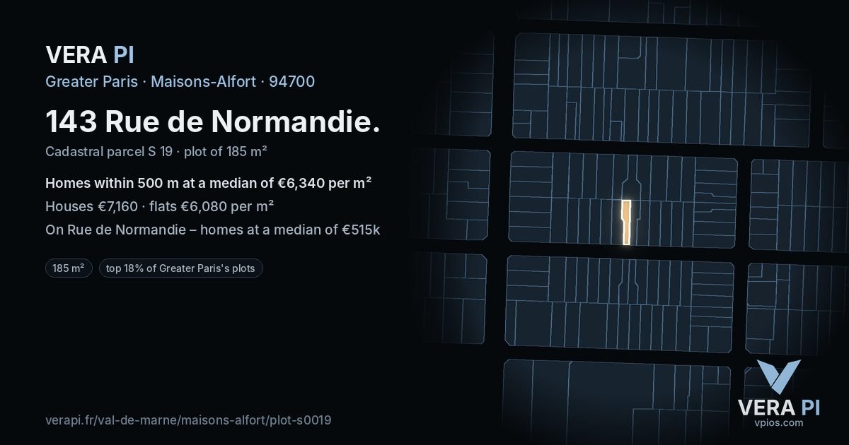 143 Rue de Normandie, Maisons-Alfort at night – the plot lit, the parcels around coloured by the prices near them