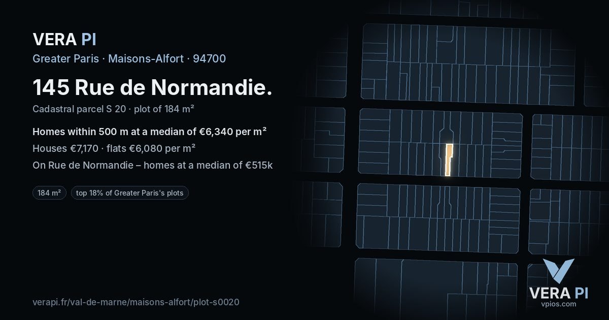 145 Rue de Normandie, Maisons-Alfort at night – the plot lit, the parcels around coloured by the prices near them