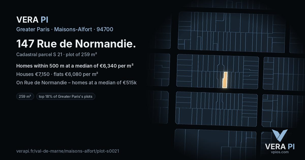 147 Rue de Normandie, Maisons-Alfort at night – the plot lit, the parcels around coloured by the prices near them