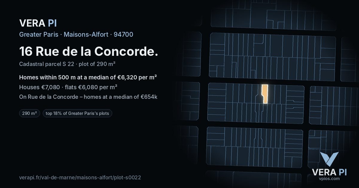 16 Rue de la Concorde, Maisons-Alfort at night – the plot lit, the parcels around coloured by the prices near them