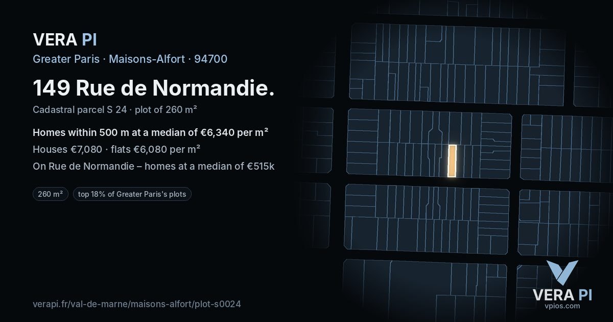149 Rue de Normandie, Maisons-Alfort at night – the plot lit, the parcels around coloured by the prices near them