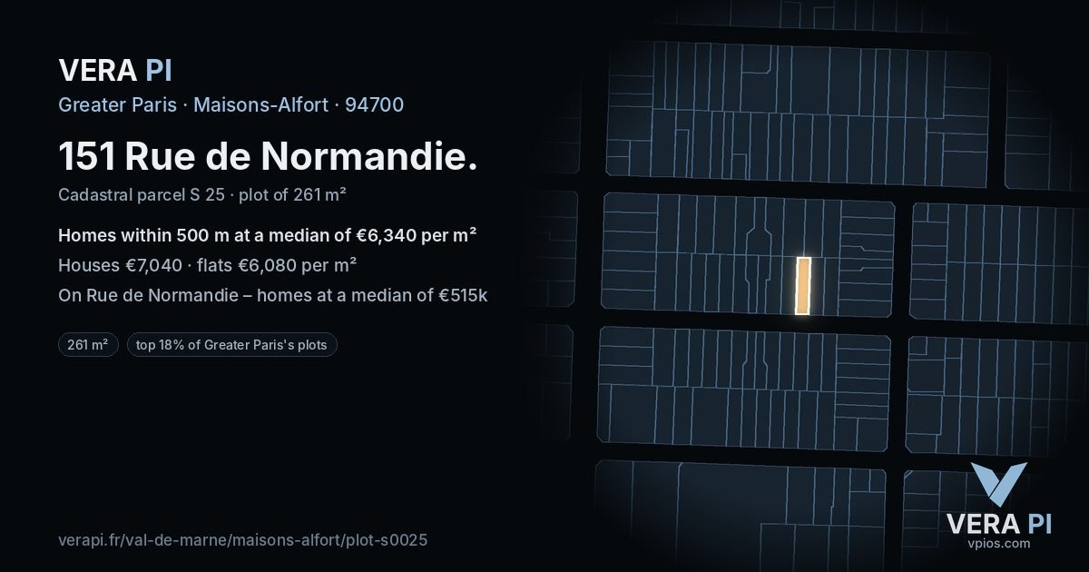 151 Rue de Normandie, Maisons-Alfort at night – the plot lit, the parcels around coloured by the prices near them