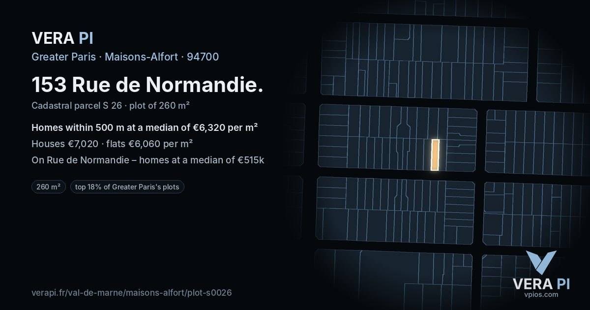 153 Rue de Normandie, Maisons-Alfort at night – the plot lit, the parcels around coloured by the prices near them