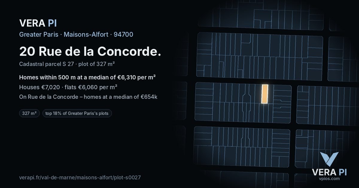 20 Rue de la Concorde, Maisons-Alfort at night – the plot lit, the parcels around coloured by the prices near them