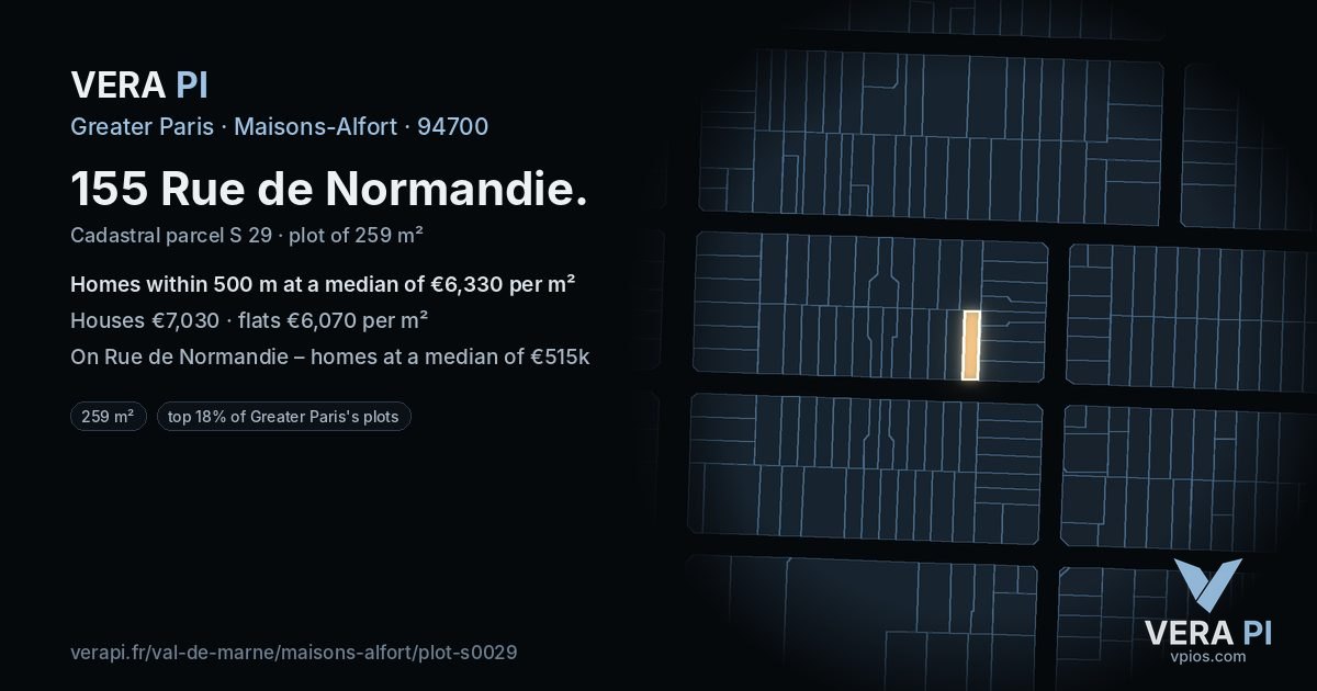 155 Rue de Normandie, Maisons-Alfort at night – the plot lit, the parcels around coloured by the prices near them