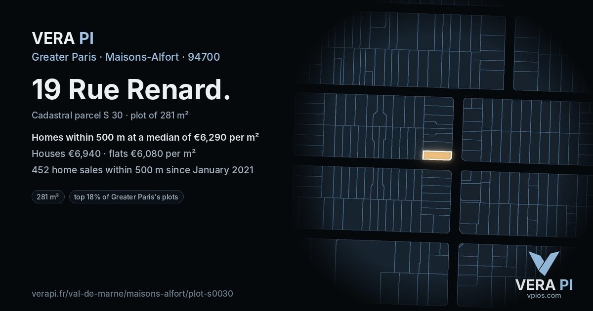 19 Rue Renard, Maisons-Alfort at night – the plot lit, the parcels around coloured by the prices near them