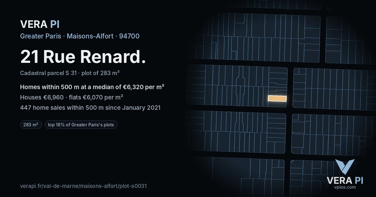 21 Rue Renard, Maisons-Alfort at night – the plot lit, the parcels around coloured by the prices near them