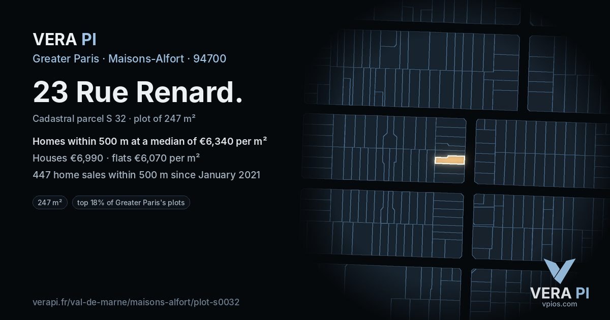 23 Rue Renard, Maisons-Alfort at night – the plot lit, the parcels around coloured by the prices near them