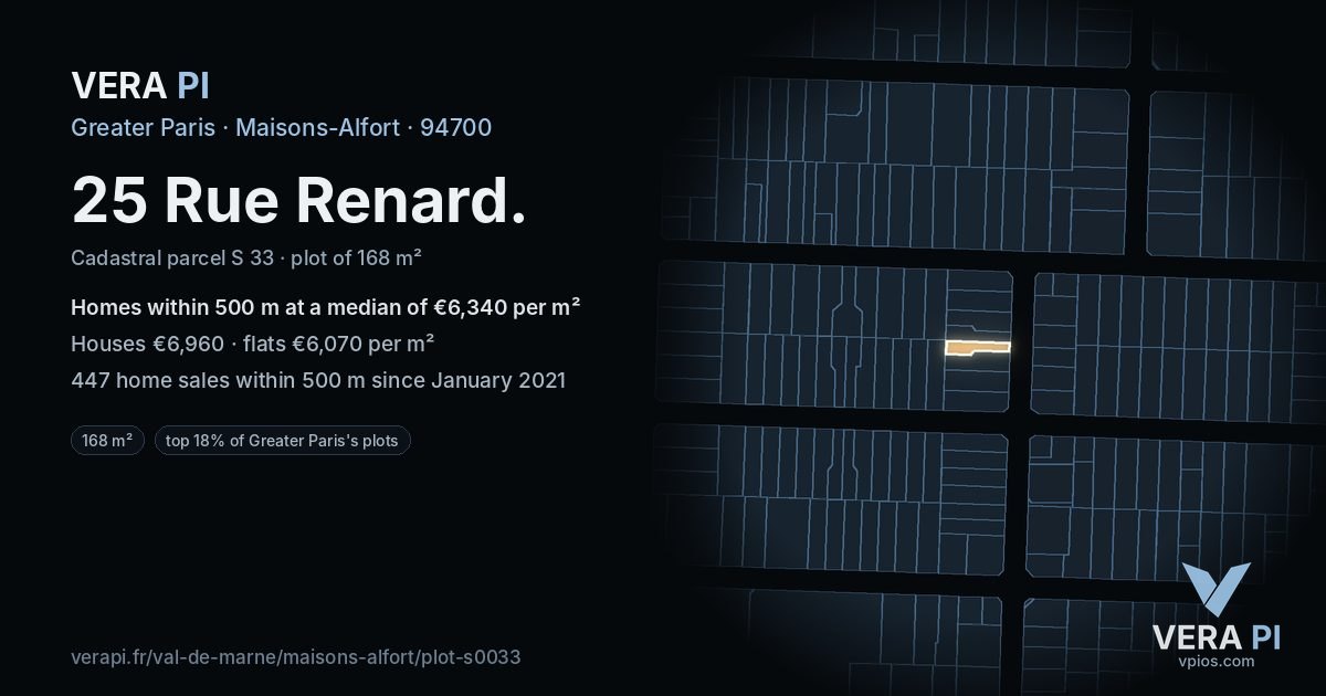 25 Rue Renard, Maisons-Alfort at night – the plot lit, the parcels around coloured by the prices near them