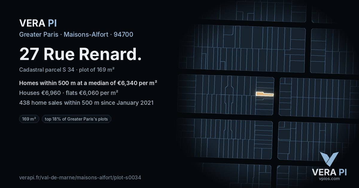 27 Rue Renard, Maisons-Alfort at night – the plot lit, the parcels around coloured by the prices near them