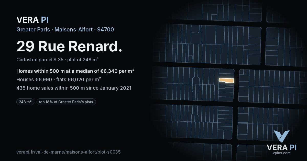 29 Rue Renard, Maisons-Alfort at night – the plot lit, the parcels around coloured by the prices near them