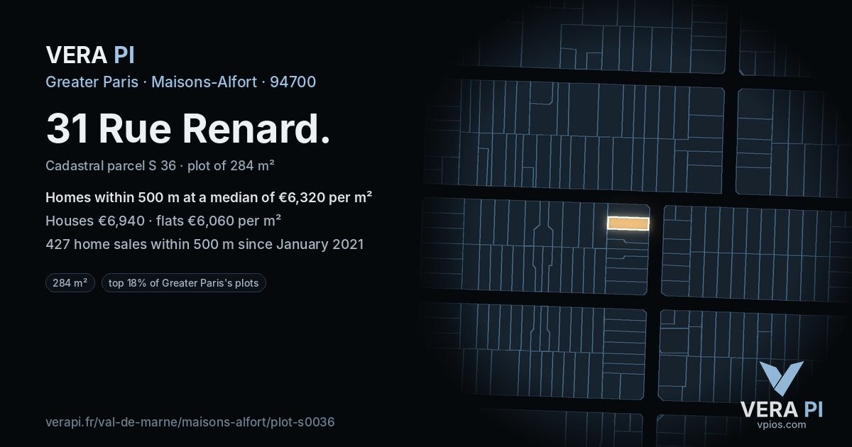 31 Rue Renard, Maisons-Alfort at night – the plot lit, the parcels around coloured by the prices near them