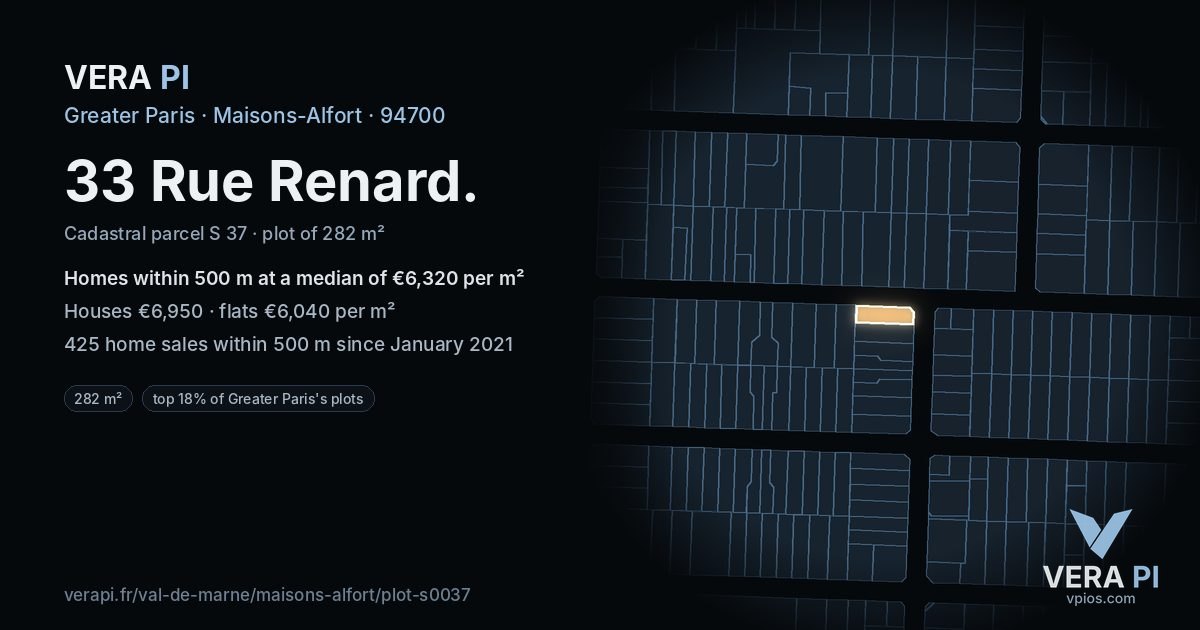 33 Rue Renard, Maisons-Alfort at night – the plot lit, the parcels around coloured by the prices near them