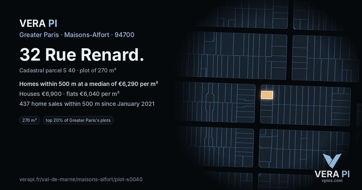 32 Rue Renard, Maisons-Alfort at night – the plot lit, the parcels around coloured by the prices near them