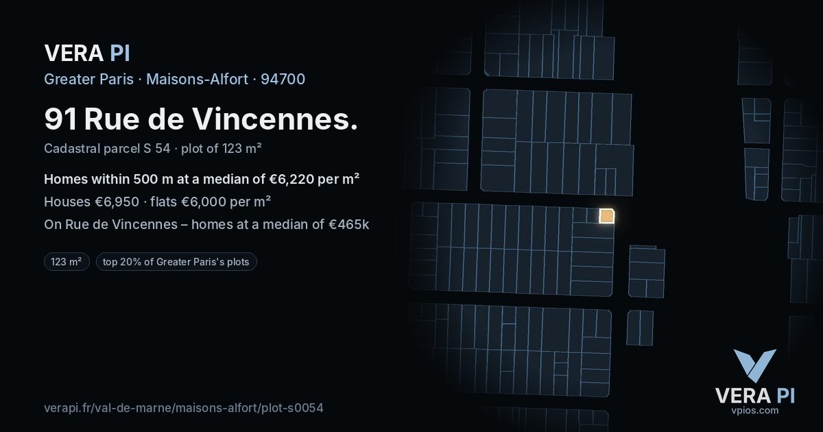 91 Rue de Vincennes, Maisons-Alfort at night – the plot lit, the parcels around coloured by the prices near them