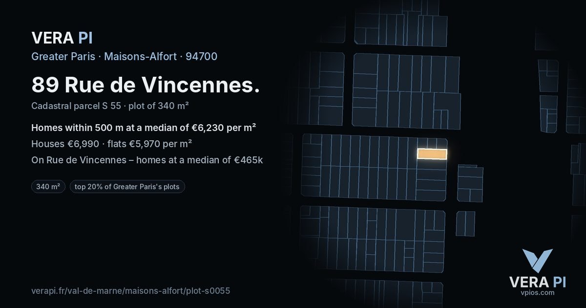 89 Rue de Vincennes, Maisons-Alfort at night – the plot lit, the parcels around coloured by the prices near them