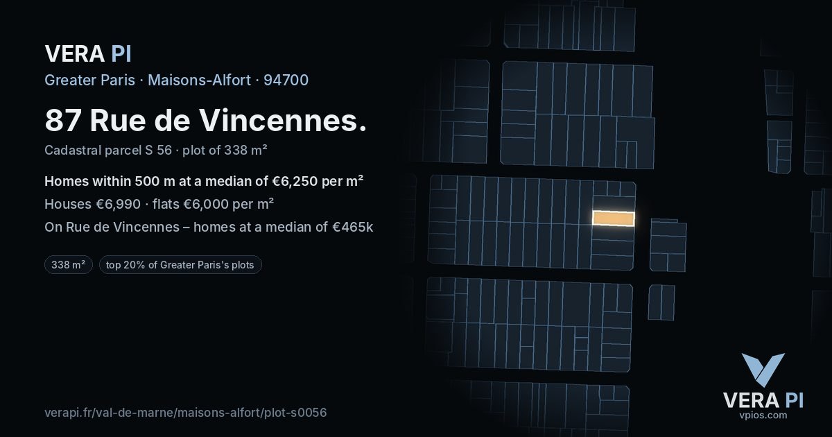 87 Rue de Vincennes, Maisons-Alfort at night – the plot lit, the parcels around coloured by the prices near them