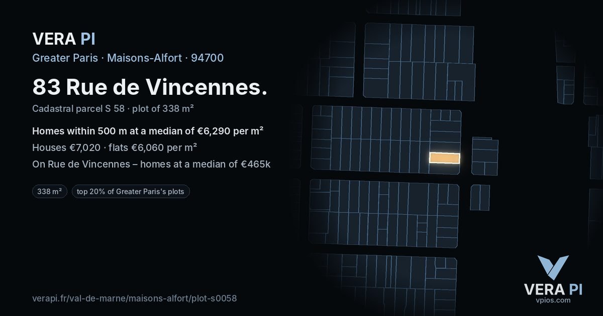 83 Rue de Vincennes, Maisons-Alfort at night – the plot lit, the parcels around coloured by the prices near them