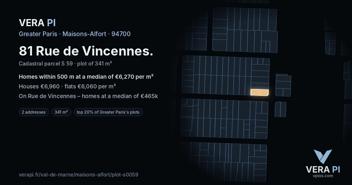 81 Rue de Vincennes, Maisons-Alfort at night – the plot lit, the parcels around coloured by the prices near them