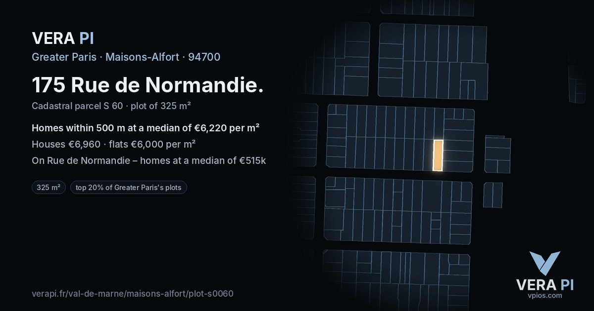 175 Rue de Normandie, Maisons-Alfort at night – the plot lit, the parcels around coloured by the prices near them